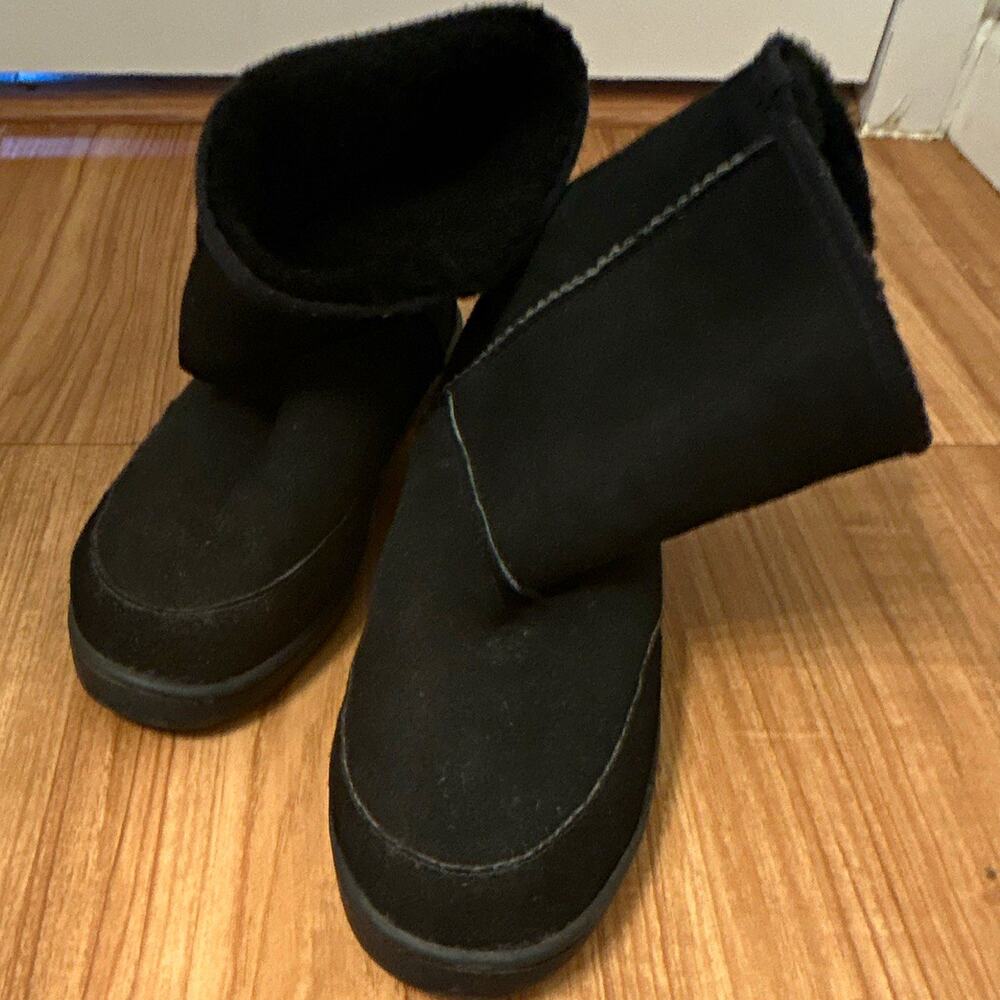 Acorn Spa Bootie Slippers Black Suede Shearling Lined Slip-On Unisex US 13
